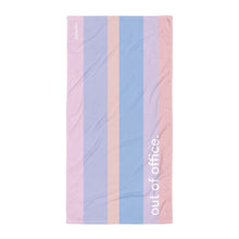 Load image into Gallery viewer, Beach towel in a colourful stripe pattern and words &quot;out of office&quot; written on front

